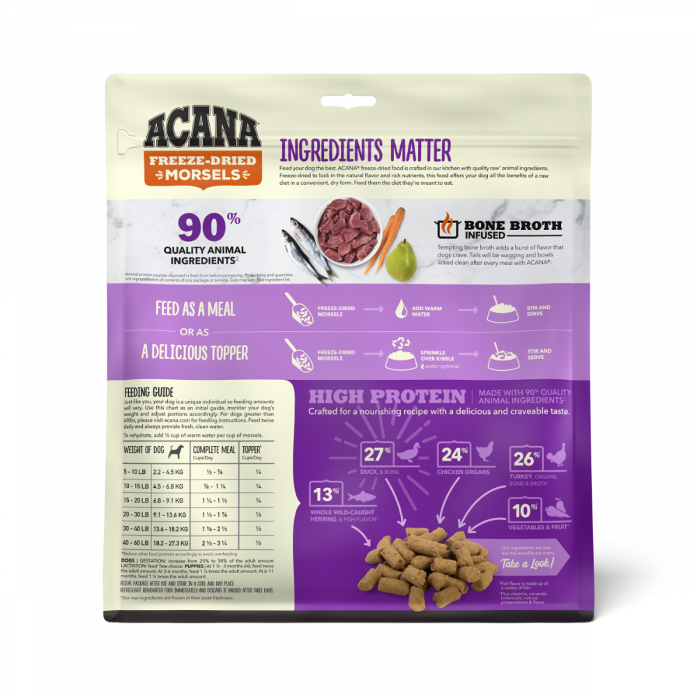 ACANA Freeze Dried Dog Food & Topper, Grain Free, High Protein, Fresh & Raw Animal Ingredients, Duck Recipe, Morsels