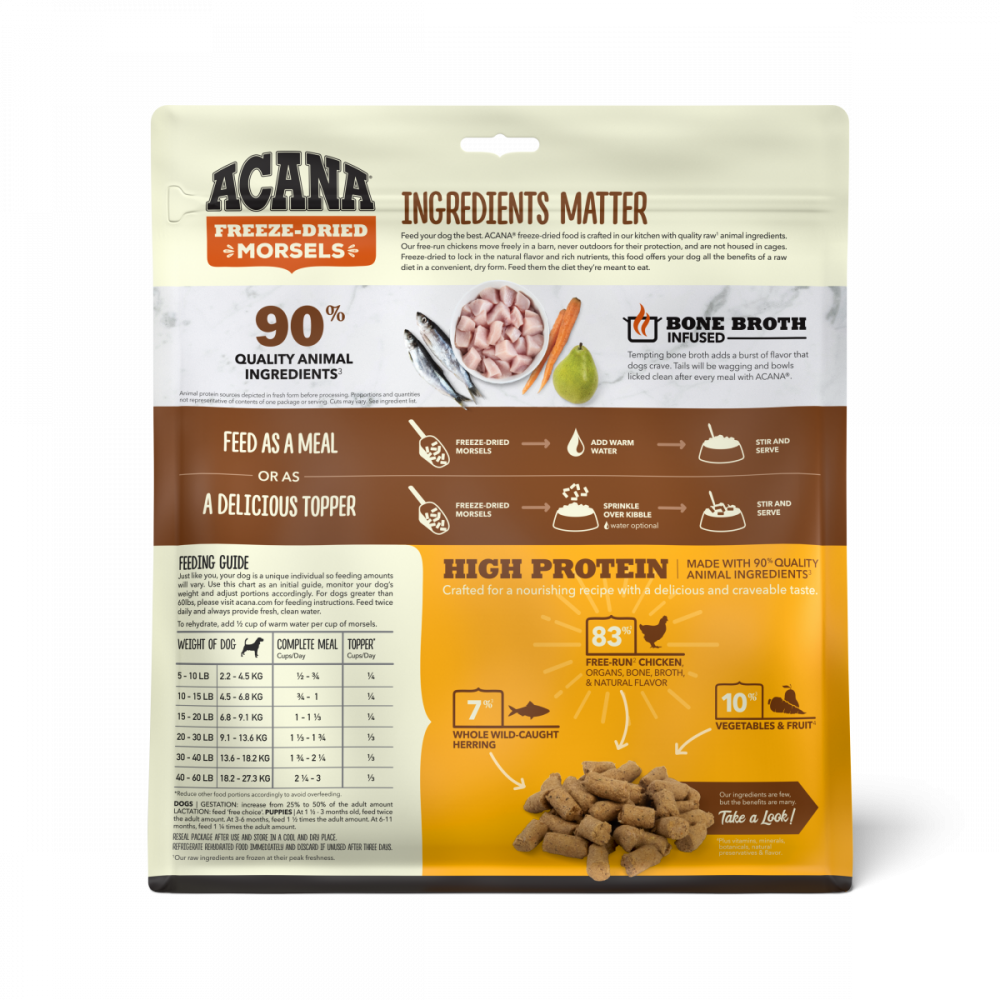 ACANA Freeze Dried Dog Food & Topper, Grain Free, High Protein, Fresh & Raw Animal Ingredients, Free Run Chicken Recipe, Morsels