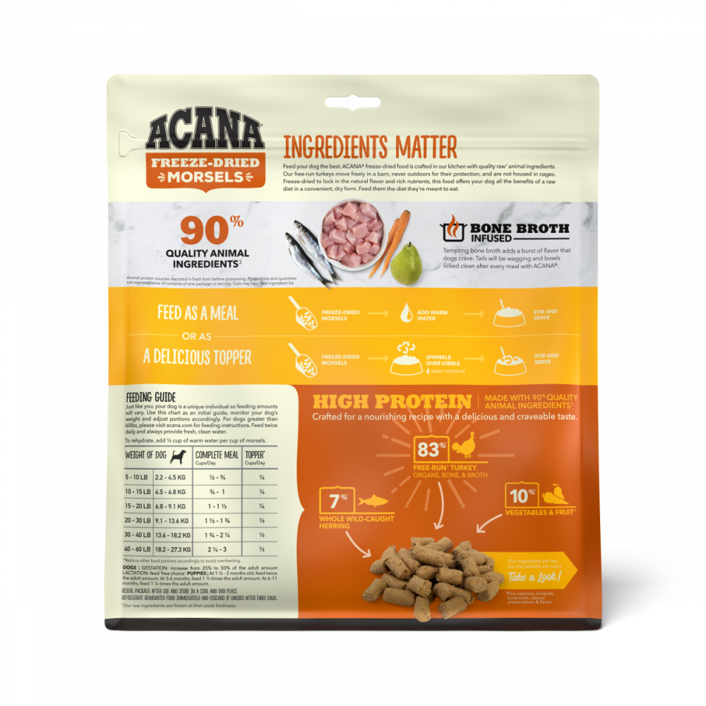 ACANA Freeze Dried Dog Food & Topper, Grain Free, High Protein, Fresh & Raw Animal Ingredients, Free-Run Turkey Recipe, Morsels