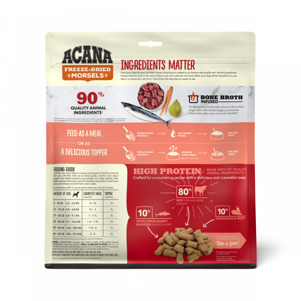 ACANA Freeze Dried Dog Food & Topper, Grain Free, High Protein, Fresh & Raw Animal Ingredients, Ranch-Raised Beef Recipe, Morsels