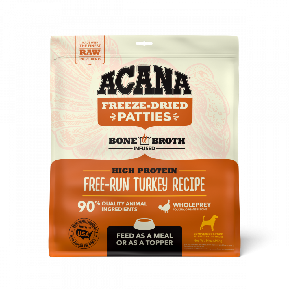 ACANA Freeze Dried Dog Food & Topper, Grain Free, High Protein, Fresh & Raw Animal Ingredients, Free-Run Turkey Recipe, Patties