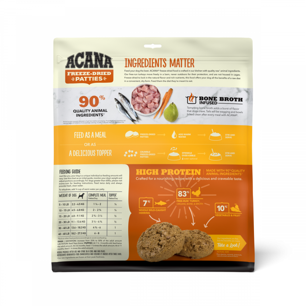 ACANA Freeze Dried Dog Food & Topper, Grain Free, High Protein, Fresh & Raw Animal Ingredients, Free-Run Turkey Recipe, Patties