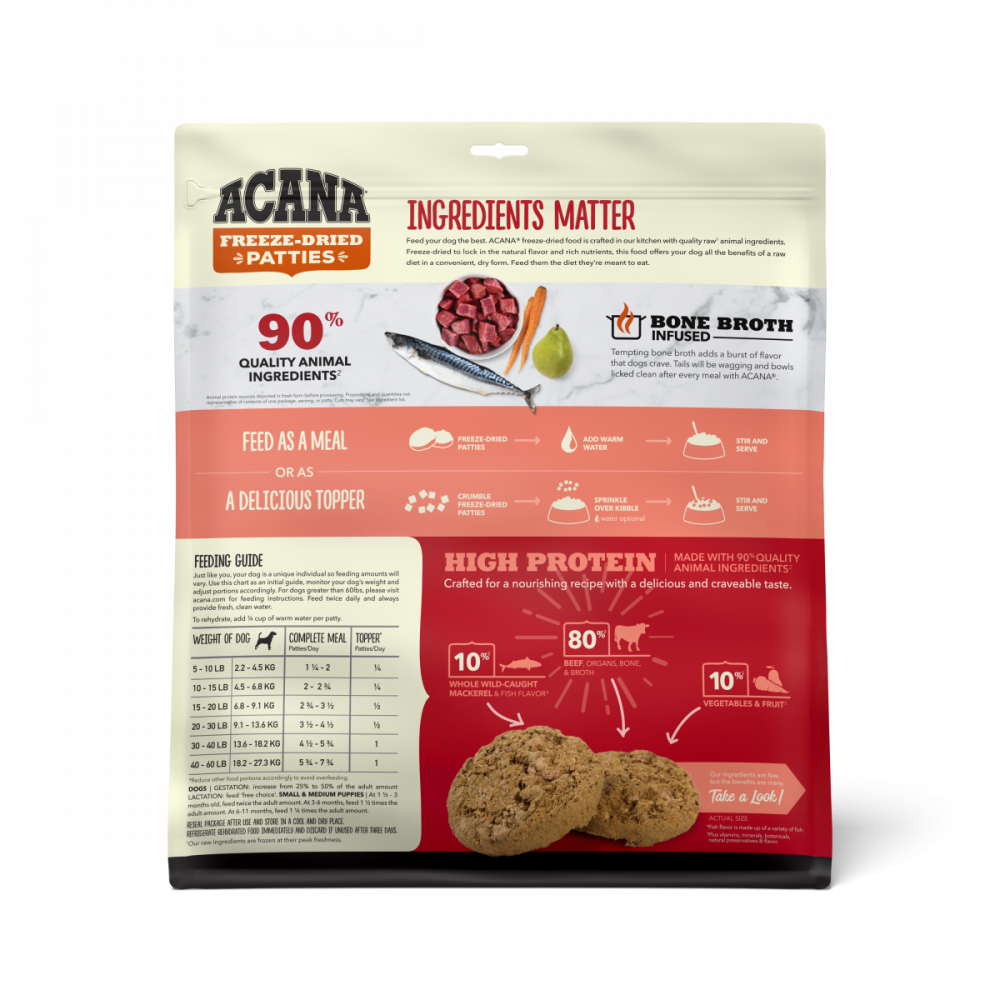 ACANA Freeze Dried Dog Food & Topper, Grain Free, High Protein, Fresh & Raw Animal Ingredients, Ranch Raised Beef Recipe, Patties