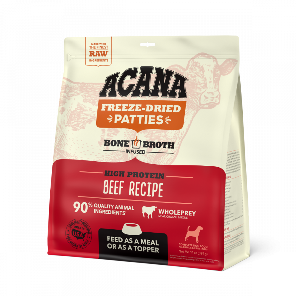 ACANA Freeze Dried Dog Food & Topper, Grain Free, High Protein, Fresh & Raw Animal Ingredients, Ranch Raised Beef Recipe, Patties