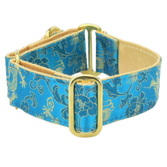 Dragon Turquoise – Silk Brocade Buckle Martingale Dog Collar