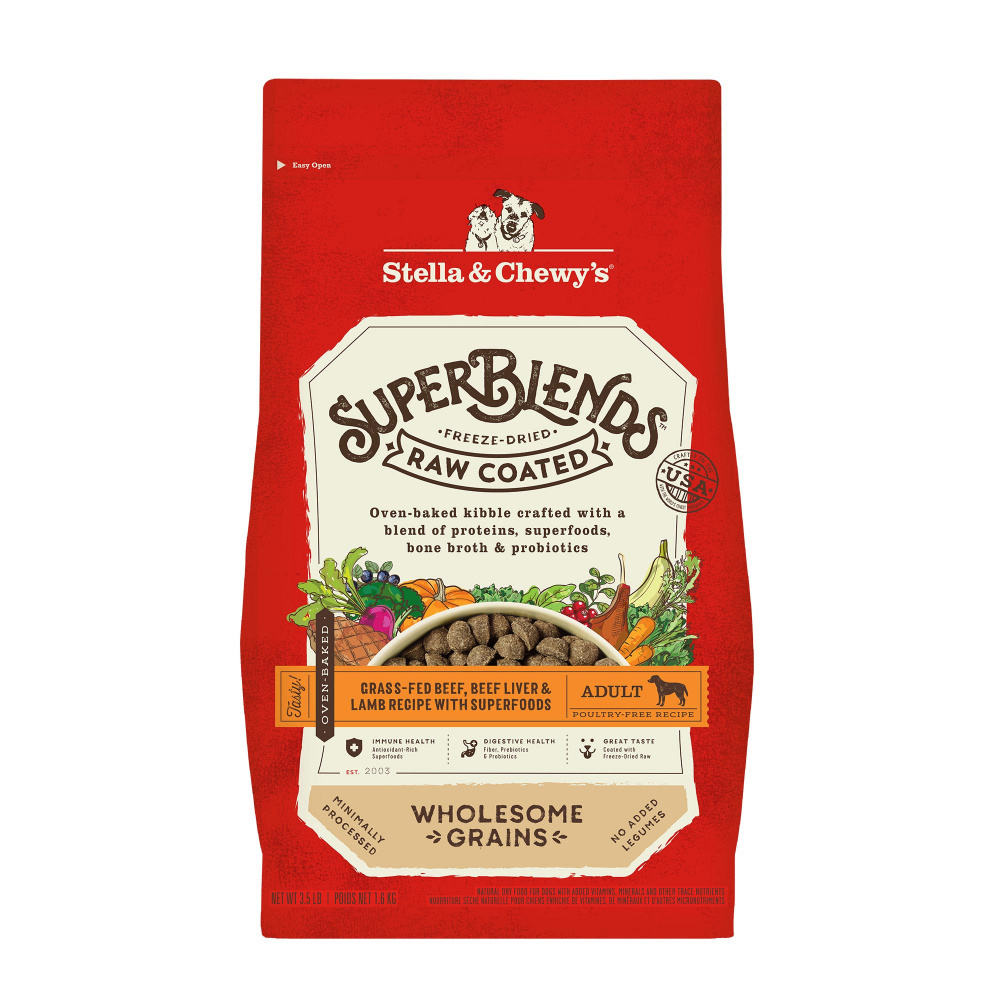 Stella & Chewy's SuperBlends Raw Coated Wholesome Grains Grass Fed Beef & Beef Liver & Lamb Recipe with Superfoods