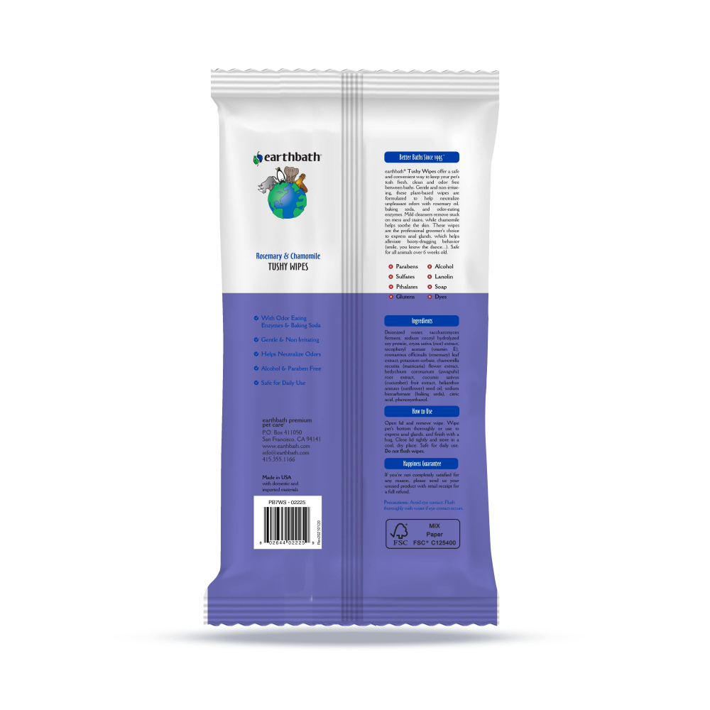 Earthbath Tushy Wipes Rosemary & Chamomile Odor-Eating Enzymes & Baking Soda Plant-Based Wipes