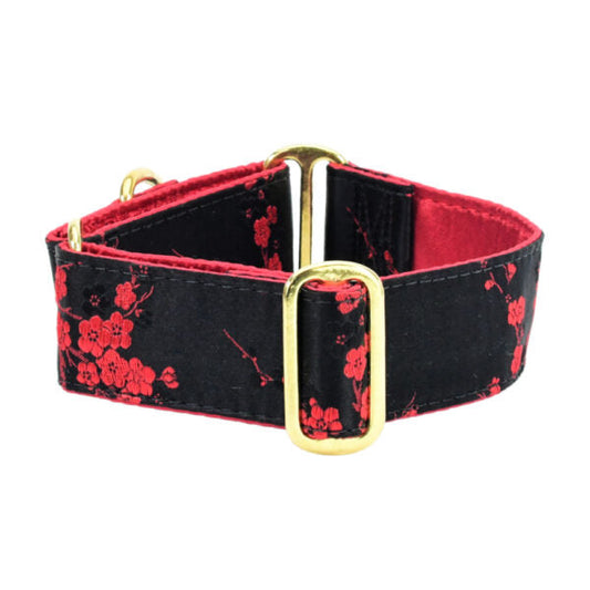 Cherry Blossoms Black and Red – Silk Brocade Martingale Dog Collar