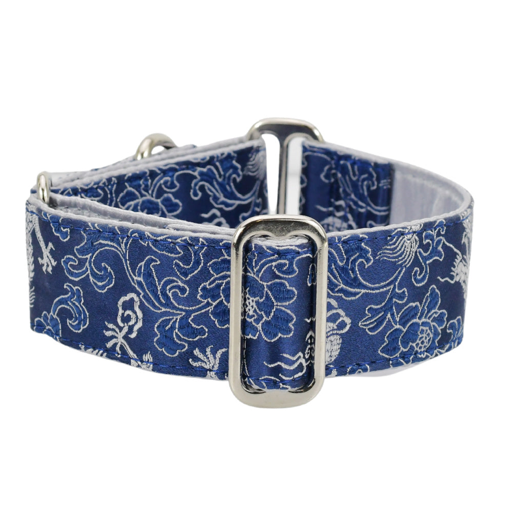 Dragon Navy – Silk Brocade Martingale Dog Collar