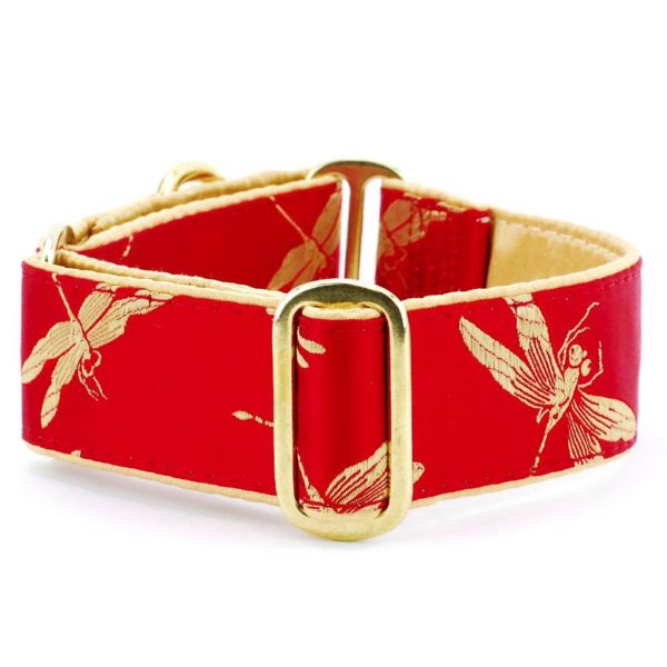 Dragonflies Red – Silk Brocade Martingale Dog Collar